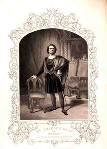 Mr Charles Kean als Hamlet, Act III Scene 2, in het toneelstuk van William Shakespeare (1564-1616) naar een daguerreotype van Paine van Islington (gravure) door English School