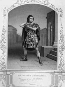 Mr. Creswick als Coriolanus, Act V Scene 5, in het toneelstuk door William Shakespeare