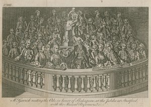 De heer David Garrick reciteert de Ode ter ere van William Shakespeare op het jubileum in Stratford door English School