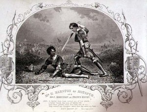Mr. H. Marston als Hotspur en Mr. F. Robinson als Prins Hendrik, Act V Scene 4 uit Henry IV (Part I) van een daguerreotype door Paine van Islington, uitgegeven door John Tallis & Co. (litho)