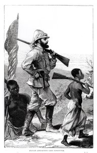 De heer Henry Morton Stanley (1841-1904) nadert het Tanganyikameer