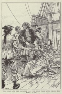 "Mevrouw Glass en haar dochter vielen op hun knieën en riepen om genade" (gravure)