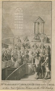 Mevrouw Margaret Caroline Rudd tijdens haar proces in het nieuwe Sessions House in de Old Bailey door English School