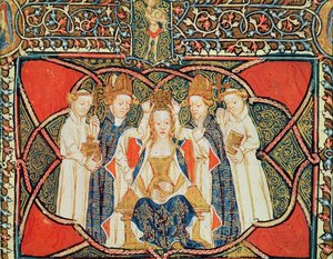 Ms 197 f.19v Kroning van een koningin, uit Liber Regalis door English School