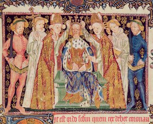 Ms 197 f.3r Kroning van een koning, uit Liber Regalis door English School