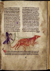 Jager die een pijl richt op twee bevers, uit een Bestiarium, vroege 13e eeuw