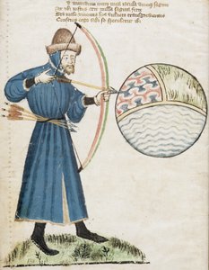 Boogschutter die op een wereldbol schiet, uit Vox Clamatis door John Gower (1330-1408)