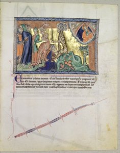 De Heer ziet de mensen het beest van de zee aanbidden in aanwezigheid van de rode draak, uit de Gulbenkian Apocalyps, c.1265-70 door English School