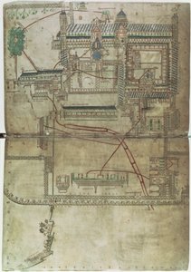 Plan van de kathedraal van Canterbury en het loodgietersysteem, uit de 