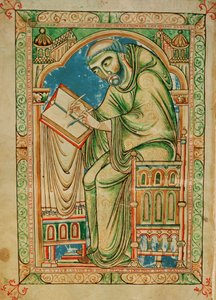 Ms R 17 I f.283v Monnik Eadwine aan het werk aan het manuscript, Eadwine Psalter, ca. 1150 door English School