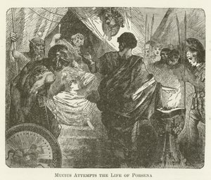 Mucius probeert het leven van Porsena te nemen