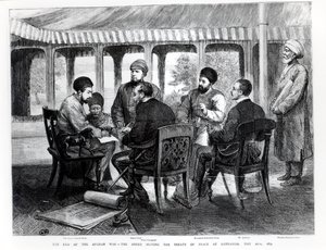 Muhammad Yaqub Khan (1849-1923) ondertekent het vredesverdrag in Gundamak op 26 mei 1879 door English School