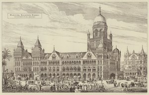 Gemeentelijke Gebouwen, Bombay (gravure) door English School