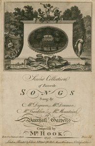 Muzikale partituur met favoriete liedjes gezongen in Vauxhall-tuinen, Londen, gecomponeerd door Mr Hook