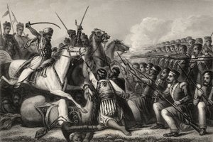 Mutinier cavalerie valt een infanterie vierkant aan bij de Slag om Cawnpore in 1857, uit 