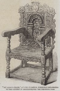 "De stoel van mijn dame," in Corby Castle, voorheen eigendom van de Gravin van Derwestwater (gravure)