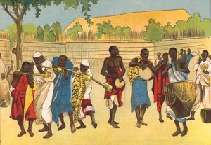Nationale brassband, Toro, Oeganda (kleurenlitho)