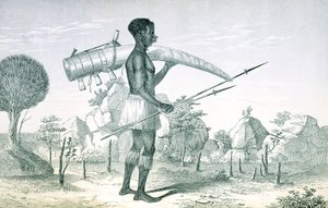 Inheemse die een versierde ivoren olifantenslagtand draagt, uit The Lake Regions of Central Africa, door Richard F. Burton, 1860