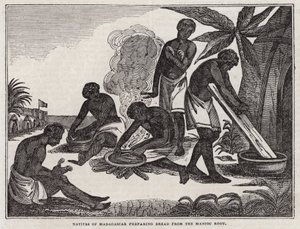 Inboorlingen van Madagaskar bereiden brood van maniokwortel door English School