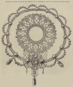 Halsketting van parels, smaragden en diamanten, en een Cachepeigne, geschenken van de koningin en prins Albert (gravure) door English School