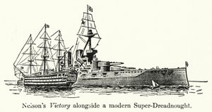 Nelsons Victory naast een moderne Super-Dreadnought door English School