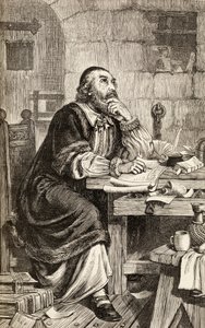 Nicholas Ridley schrijft brieven in de gevangenis terwijl hij wacht op zijn executie, ca. 1865 door English School