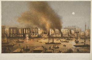 Nachtzicht van de brand in Tooley Street, Bermondsey, 1861