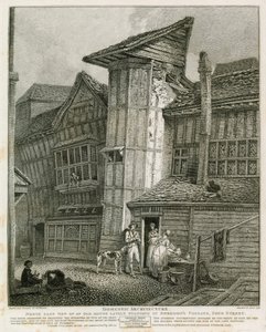 Noordoostelijk uitzicht van een oud huis dat onlangs stond in Sweedons Passage, Grub Street door English School