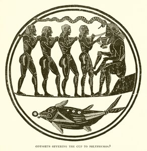 Odysseus biedt de beker aan Polyphemos
