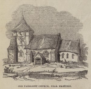 Oude Fairlight-kerk, nabij Hastings (gravure) door English School