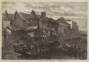 Oude huizen in Lambeth gesloopt voor de zuidelijke oeververbinding van de Theems (gravure)