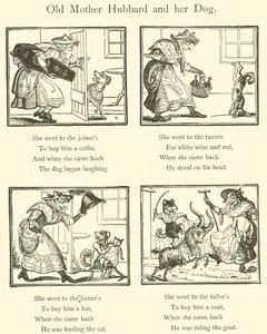 Oude Moeder Hubbard en haar hond (houtsnede) door English School
