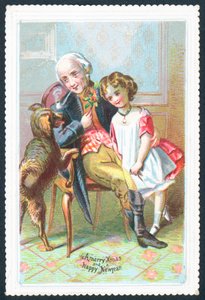 Oude heer zittend in stoel met meisje en hond, kerstkaart door English School