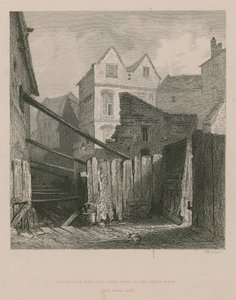 Oude huizen met het open deel van de Fleet Ditch bij Field Lane door English School