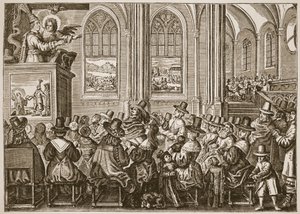 Oliver Cromwell predikt voor een puriteinse gemeente, illustratie uit De Kerk van Engeland: Een Geschiedenis voor het Volk door H.D.M. Spence-Jones door English School