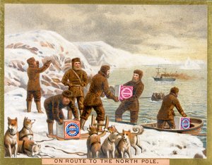 Op weg naar de Noordpool, promotiekaart voor Huntley & Palmers Biscuits, ca. 1890