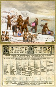 Op weg naar de Noordpool, voor- en achterkant van een promotiekaart voor Huntley & Palmers Biscuits, geproduceerd voor de Franse markt, 1890