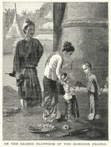 Op het heilige platform van de Rangoon Pagoda (gravure) door English School