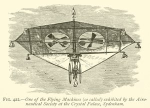 Een van de vliegmachines tentoongesteld door de Aeronautical Society in het Crystal Palace, Sydenham