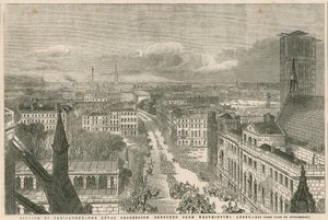 Opening van het Parlement - de Koninklijke Processie geschetst vanuit Westminster Abbey