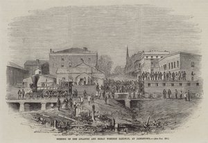 Opening van de Atlantic and Great Western Railway in Jamestown (gravure) door English School