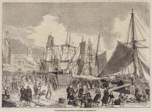Sinaasappelboten lossen ladingen in Marseille (gravure)
