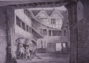 Staljongen verzorgt paard in binnenplaats van de New Inn, Gloucester door English School