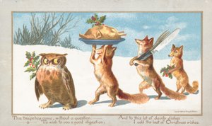 Uil en vossen dragen kerstmaal, kerstkaart door English School