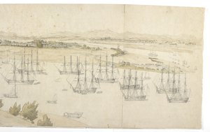 Panorama (rechterhelft) van Whampoa vanaf Dane Island, met Britse en Amerikaanse schepen in de ankerplaats door English School