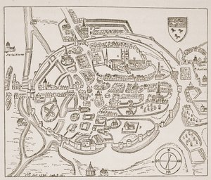 Panoramisch uitzicht op Canterbury in de zestiende eeuw, illustratie uit De Kerk van Engeland: Een Geschiedenis voor het Volk door H.D.M. Spence-Jones door English School