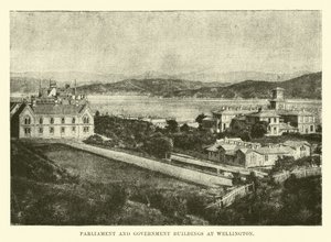 Parlement en regeringsgebouwen in Wellington door English School