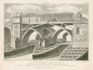 Deel van de oude London Bridge zoals het verscheen in juni 1826 door English School