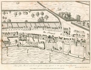 Een deel van de Strand en Covent Garden, Londen, zoals ze verschenen in het bewind van koningin Elizabeth door English School