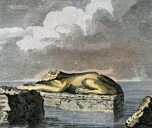 Deel van een Egyptische sfinx gevonden in de ruïnes van de oude stad Canopus door English School
